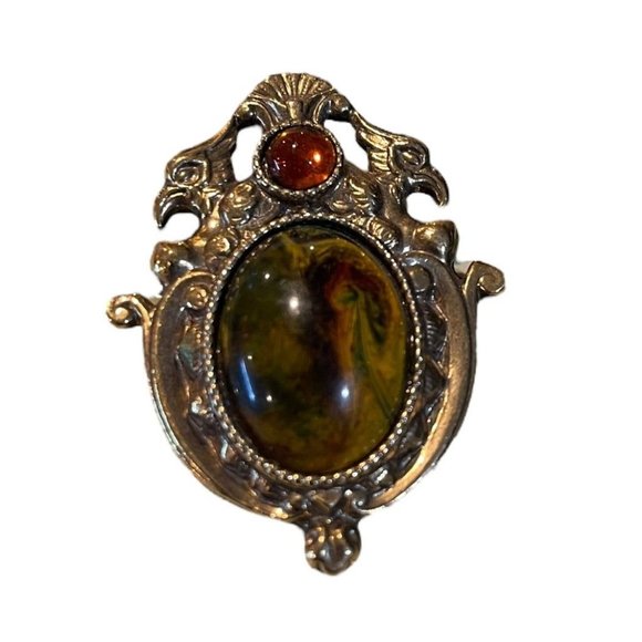 Vintage Baroque Ornate Brooch Pin Goldtone Oval and Round Cabachon Faux Stones 2 - Picture 2 of 5